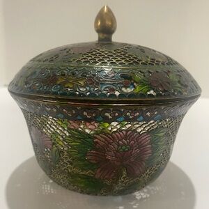 Chinese Plique-A-Jour Style Cloisonne Brass Enamel Lidded Bowl Floral Vintage